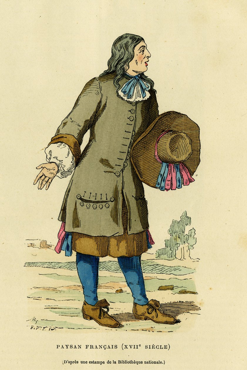 Fato de camponês francês no século XVIII. Gravura a cores após uma impressão da biblioteca nacional, em "France et les francais a travers les centuries" de Augustin Challamel, editor F.Roy, Paris 1882. Coleção Selva. de French School