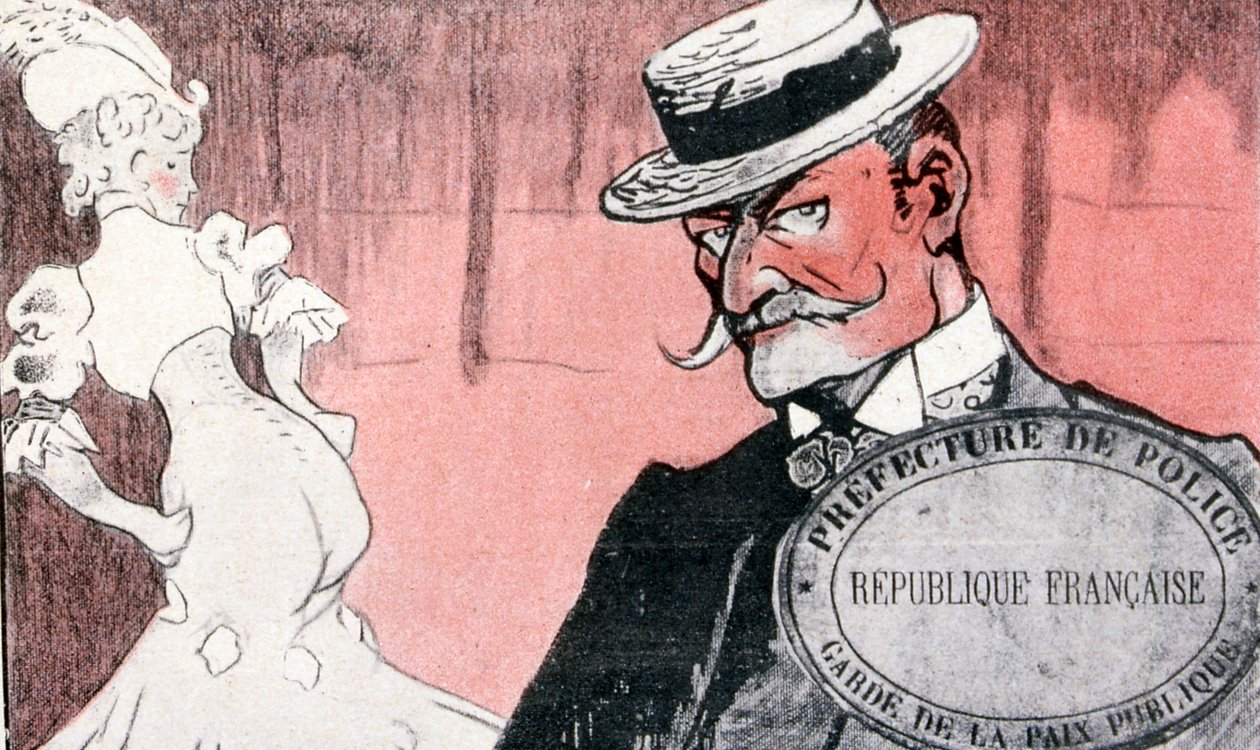 A polícia francesa a vigiar uma prostituta antes de a prender. A França do século XIX. Ilustração francesa de 1890 de French School