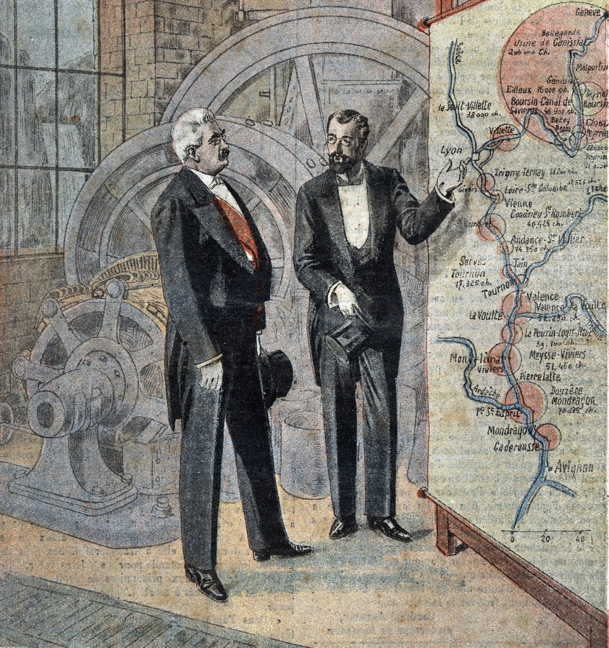 O presidente francês Millerand e o engenheiro que projecta a construção de centrais hidroeléctricas no rio Ródano Ilustração de "Le pelerin" abril de 1921 de French School