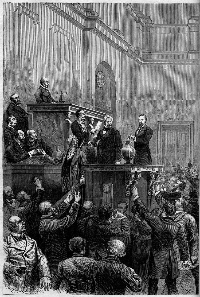 Eleição presidencial francesa, 30 de janeiro de 1879: após a renúncia de Mac Mahon (Mac-Mahon), os parlamentares votaram para eleger um novo presidente da República. A gravura representa Jules Armand (Jules-Armand) Dufaure (1798-1881) colocando a sua cédul de French School