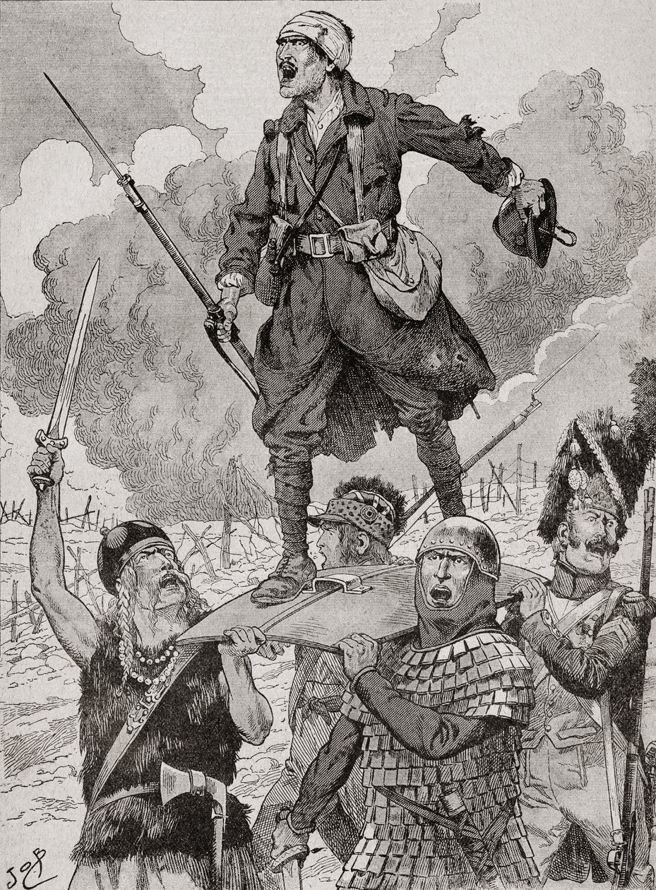 Cartaz de propaganda francesa intitulado "On Les Aura", ou Nós os teremos. Quatro soldados de diferentes períodos históricos carregam um soldado ferido mas desafiante da Primeira Guerra Mundial num escudo. Da Agenda Buvard du Bon Marche publicada em 1917. de French School