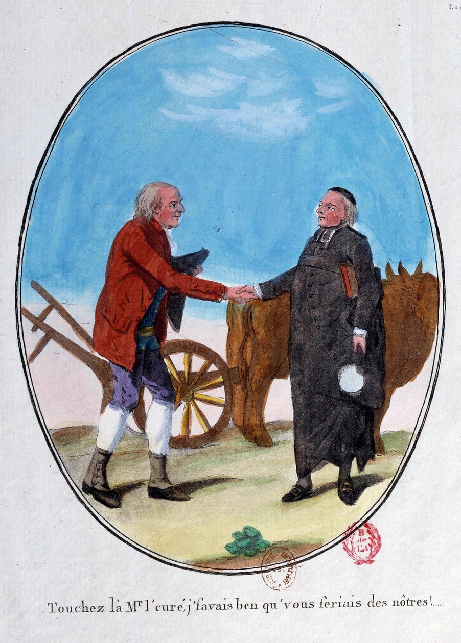 Revolução francesa: um camponês e um padre apertam as mãos. "Toca no cavalheiro, sabia que serias um de nós." Gravura de desenhos animados do fim do século XVIII. Paris, Biblioteca do Arsenal. de French School