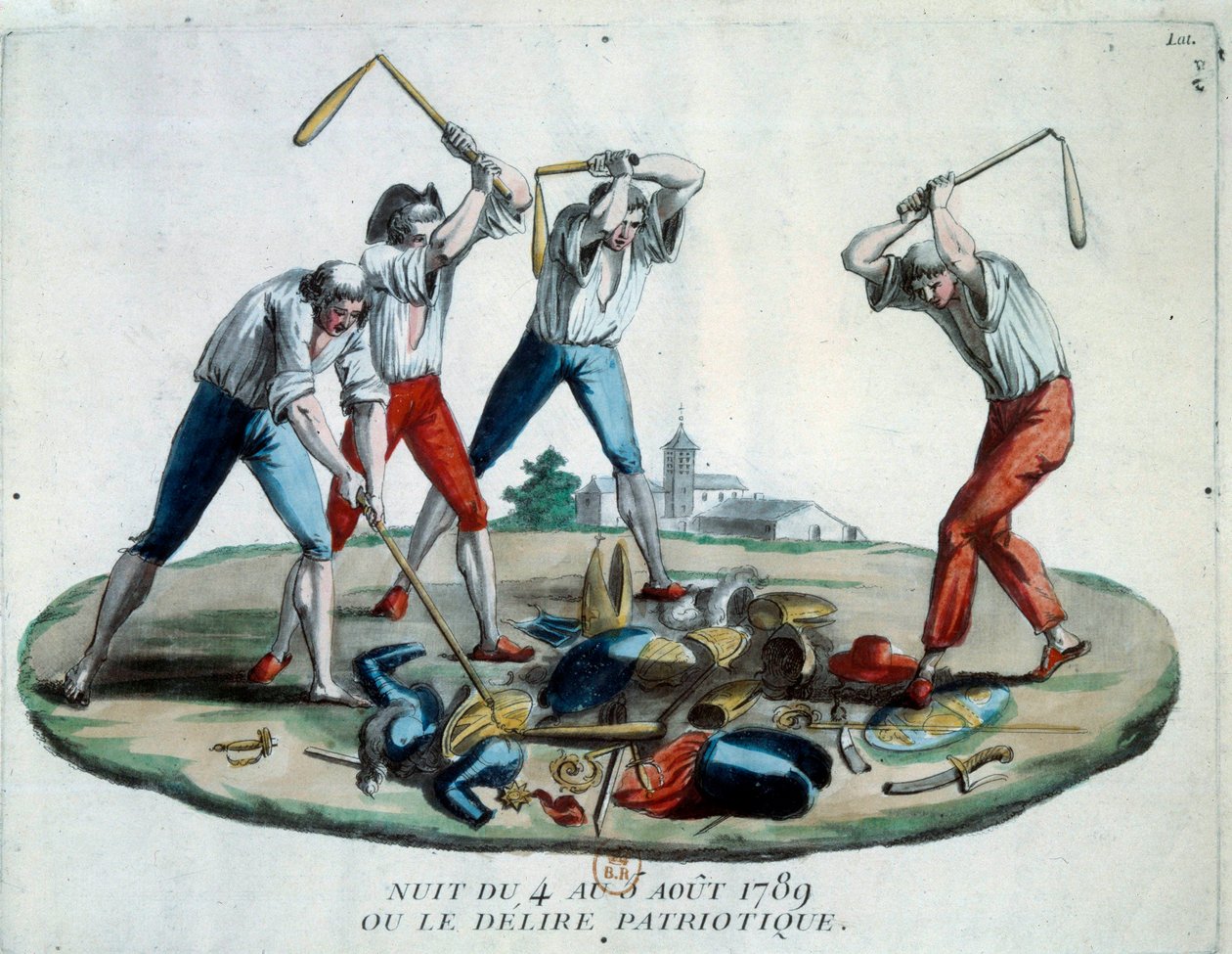 Revolução francesa: alegoria da noite de 4/08/1789 que viu a abolição dos privilégios e direitos feodais. Membros do povo patriota destroem os símbolos da nobreza, do clero e da couraça. Gravura de 1789. Paris, Biblioteca do Arsenal de French School