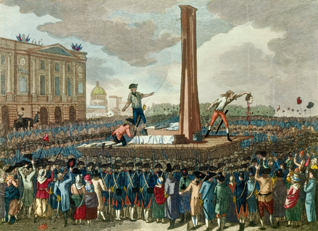 Revolução Francesa: execução na guilhotina do rei Luís XVI (1754-1793), o carrasco apresenta a sua cabeça cortada. Gravura segundo desenho de Fious. Século XVIII. Paris, Museu Carnavalet de French School