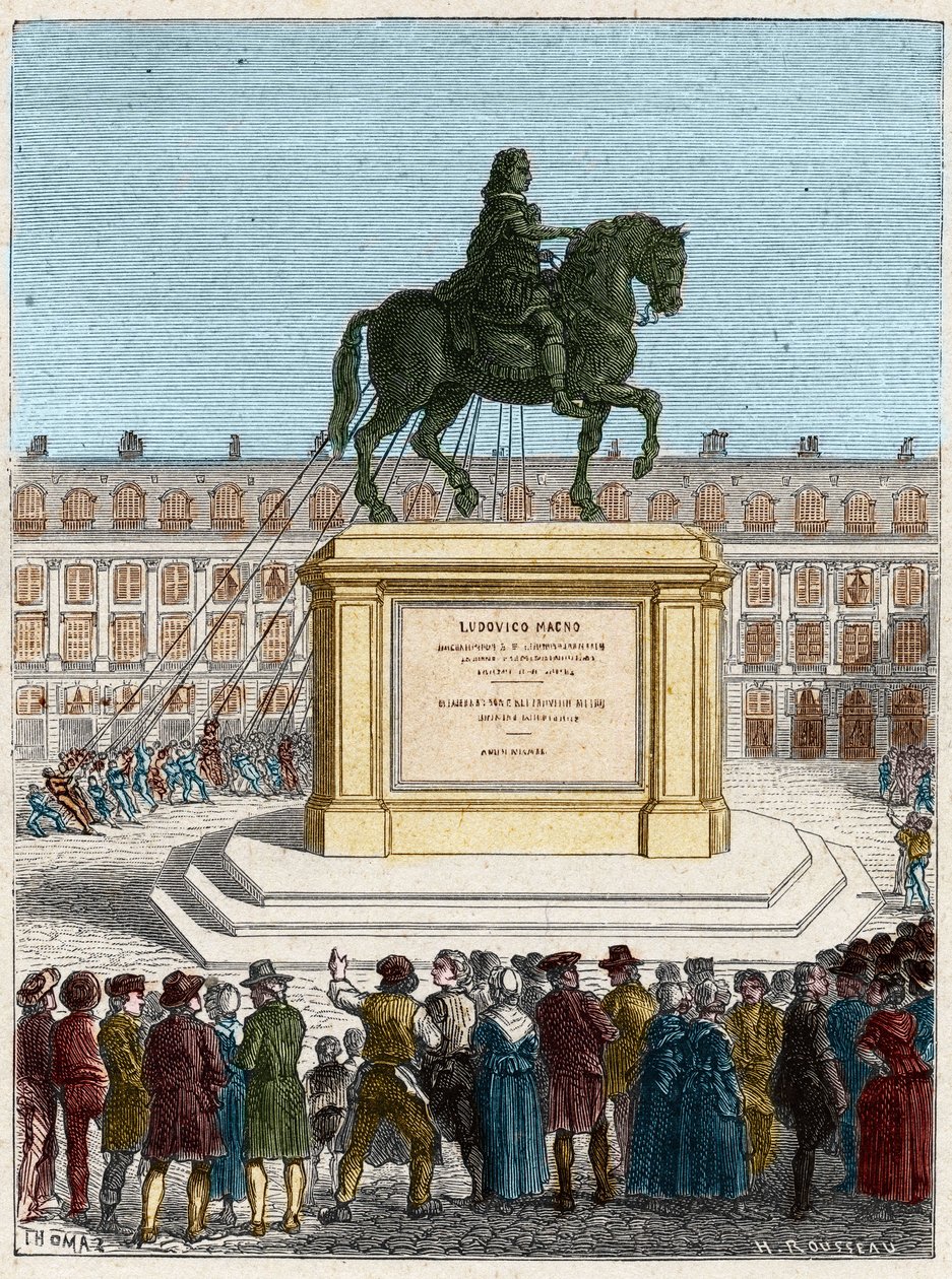 Revolução Francesa: derrubada da estátua do Rei Luís XIV (1643-1715), Praça Vendôme em Paris de French School