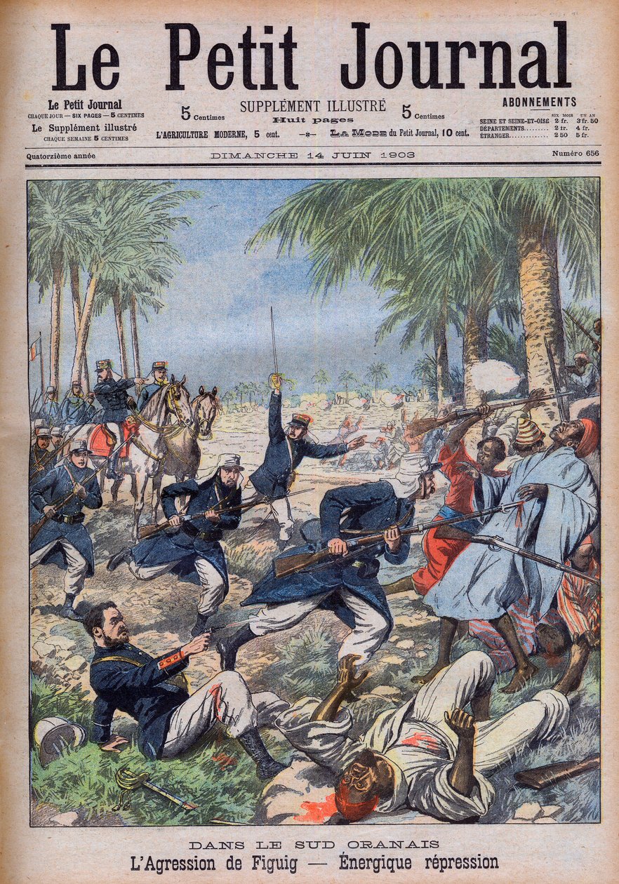 Soldados franceses atacam bandidos marroquinos ameaçando os seus interesses no Sud Oranais, Argélia, no oásis de Figuig, Marrocos - periode du protectorate francais L