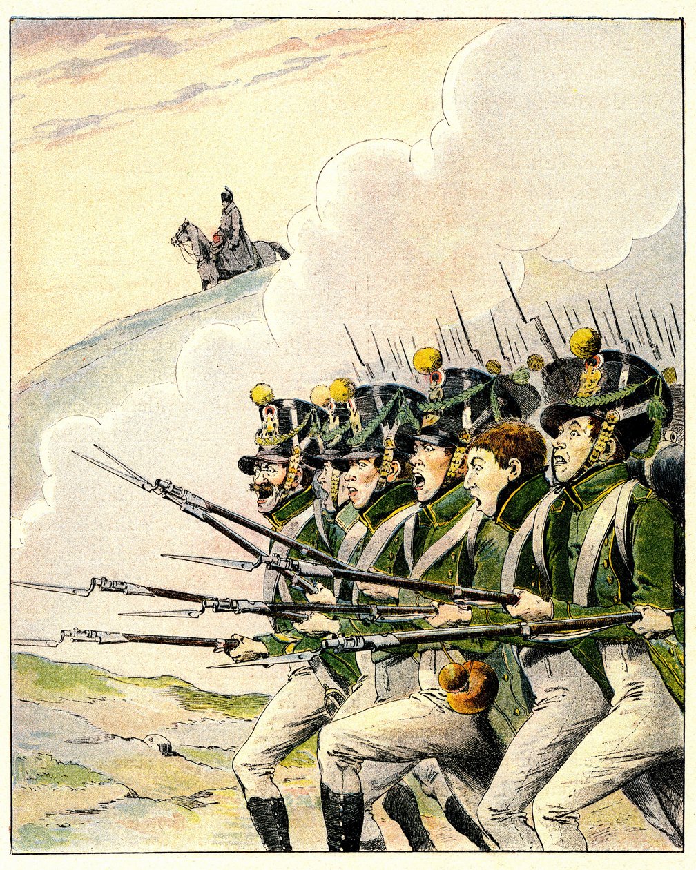 Soldados franceses durante a Batalha de Waterloo (lito colorido) de French School
