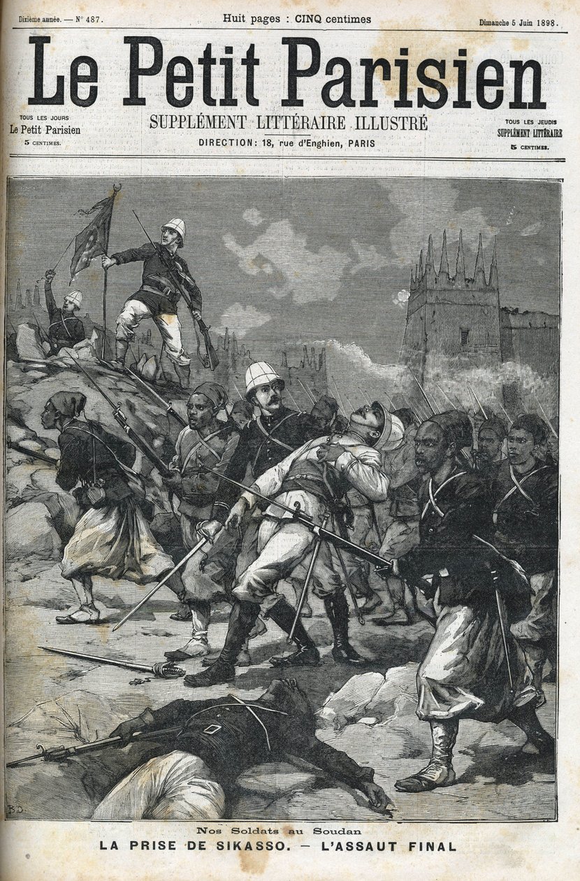 Soldados franceses no Sudão: Maio de 1898. Sack of Sikasso pelo Coronel Audeoud (Sudão). A captura de Sikasso. Capa do "Le petit parisien" de junho de 1898. de French School