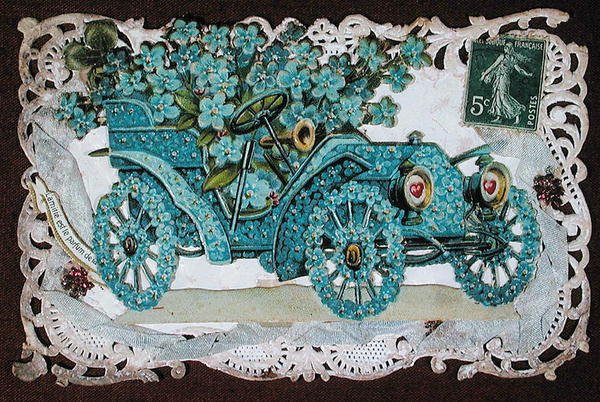 Cartão de boas-vindas da amizade retratando um carro coberto de flores, início do século 20 (cor litho)_ de French School