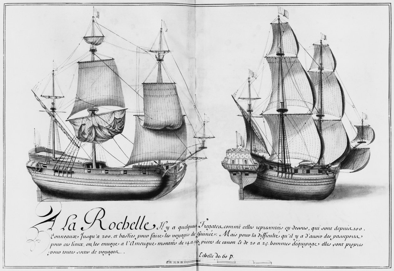 Fragatas, La Rochelle, ilustração de &39;desenhos de várias formas de navios ... de Nantes a Bayonne ...&39;, 1679 (lápis e wc no papel) (foto bw) de French School