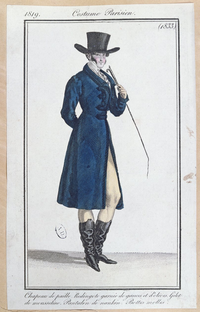Casaco com chapéu de palha, calças de nanquim e botas macias, 1819 de French School