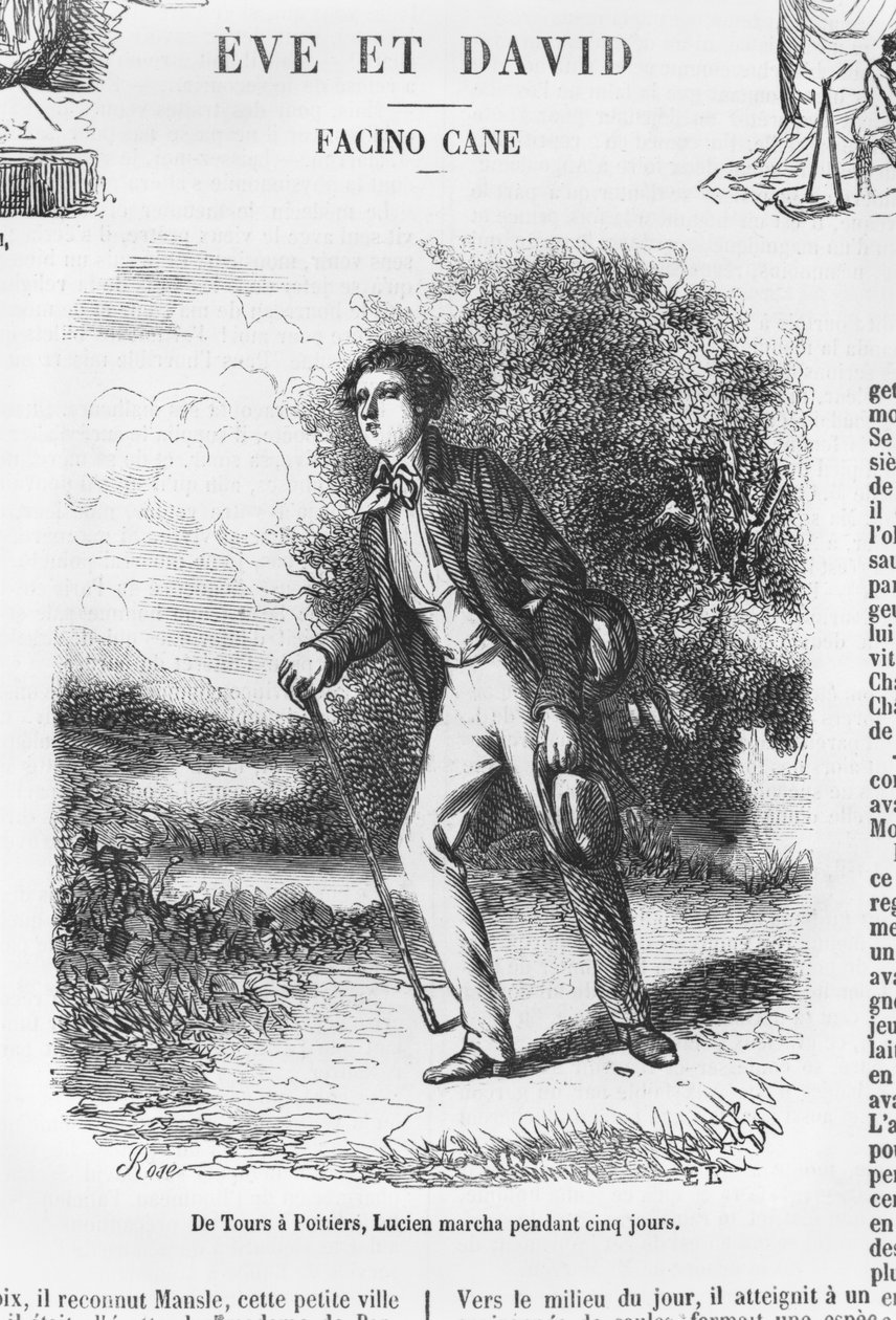 De Tours a Poitiers, Lucien de Rubempre caminhando por cinco dias, ilustração de &39;Les Illusions perdues&39; de Honoré de Balzac de French School