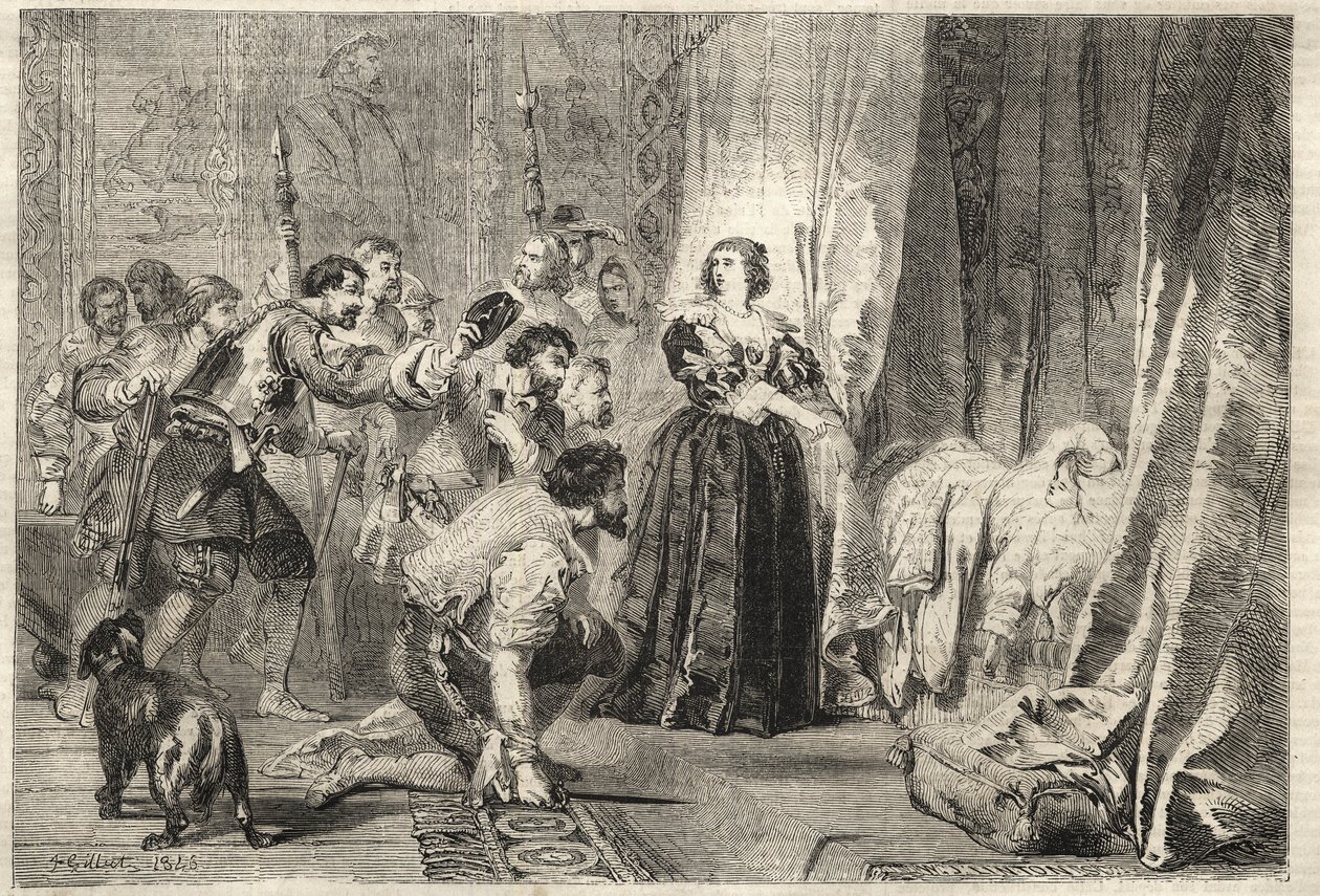 Fronde - O povo exige ver o rei: Paris, Palais Royal, 9 de Fevereiro de 1651 - Fronde: na noite de 9 de Fevereiro de 1651, no Palais Royal, Ana da Áustria (1601-1666) mostra Luís XIV, conhecido como Le King Soleil (O Rei Soloil ou Luís o Grande de French School