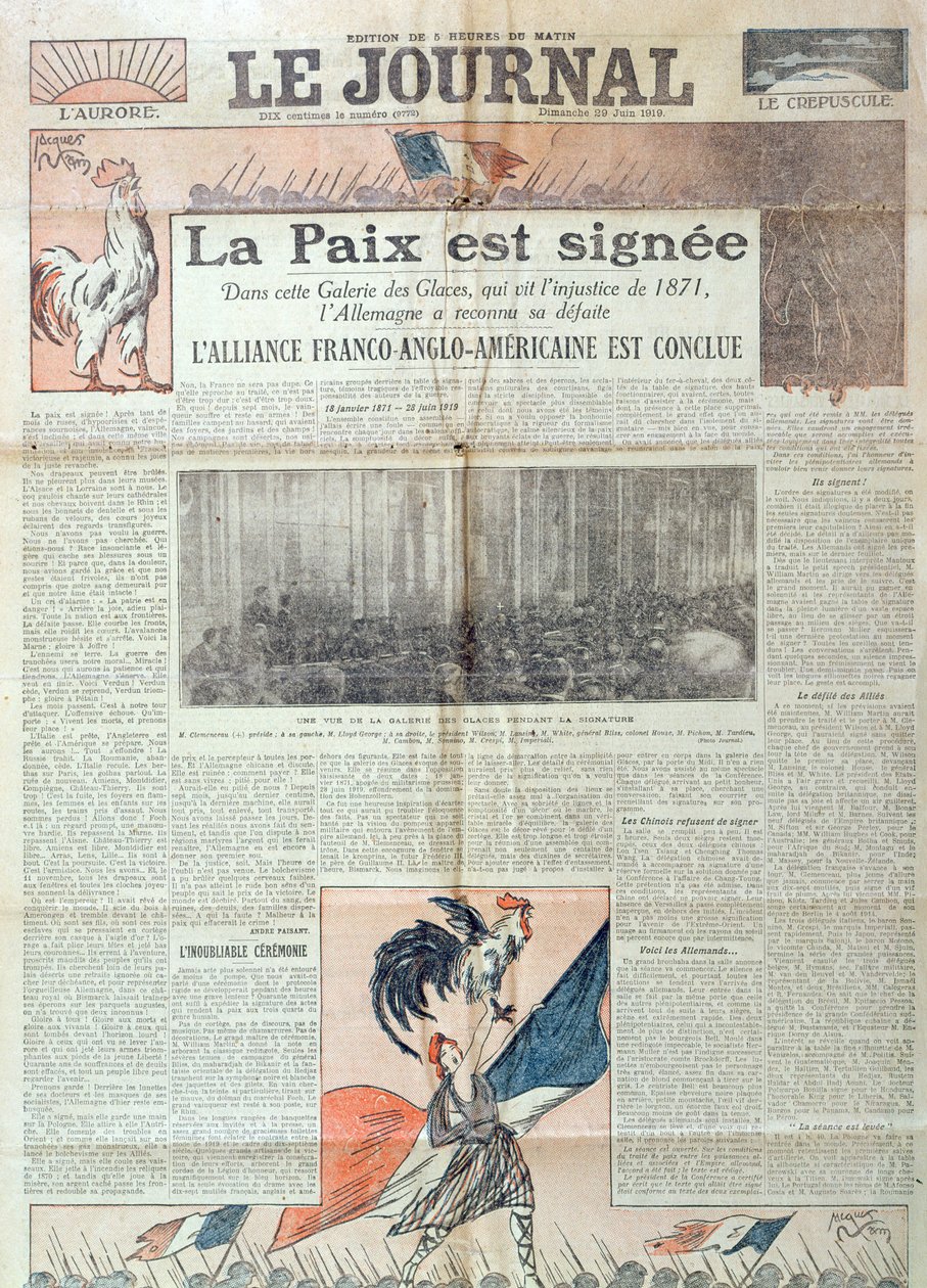 Primeira página do jornal comemorando a assinatura do Tratado de Versalhes em 28 de junho de 1919, 29 de junho de 1919 de French School