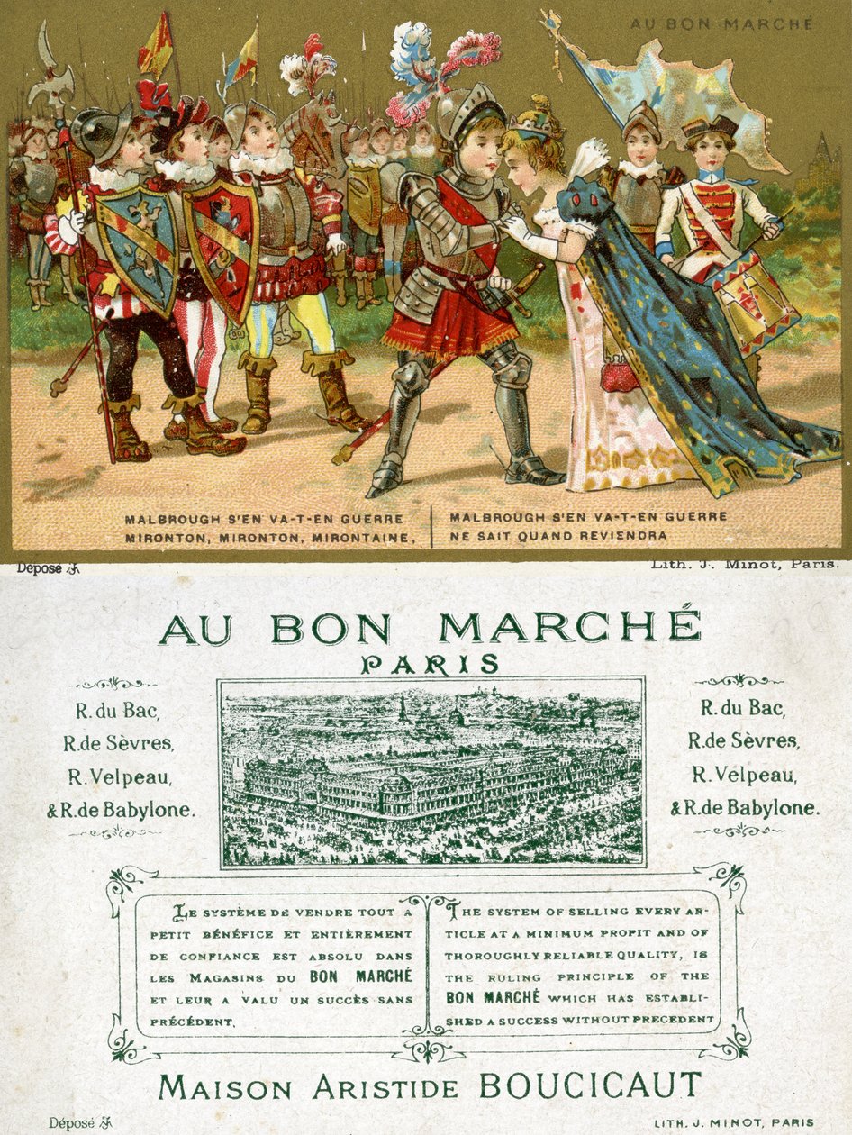 Frente e verso de um cartão promocional para a loja de departamento parisiense Au Bon Marché, retratando uma das canções folclóricas mais populares em língua francesa, Marlbrough sen va-t-en-guerre (Marlborough de French School