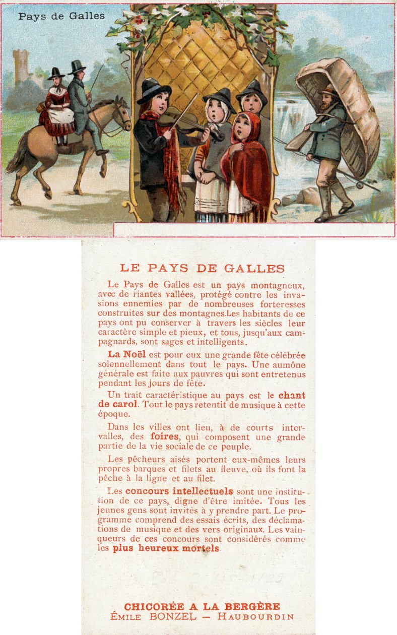 Frente e verso de um cartão promocional para a bebida Chicorée à la Bergère com representações da vida no País de Gales, c.1890 (ver também 488433) de French School