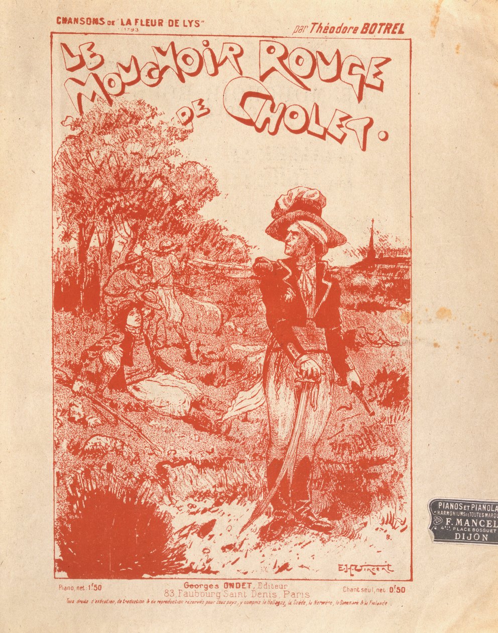 Capa da partitura da música Le Mouchoir Rouge de Cholet, escrita e composta por Theodore Botrel de French School