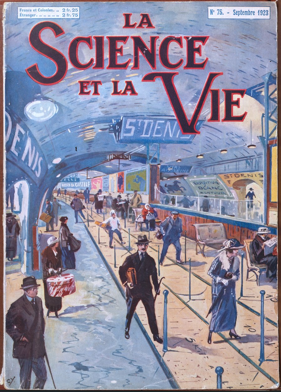 Capa de "La Science et la Vie" ilustrando um projecto para uma passadeira em movimento no Metro de Paris, Setembro de 1923 (cor litho) de French School
