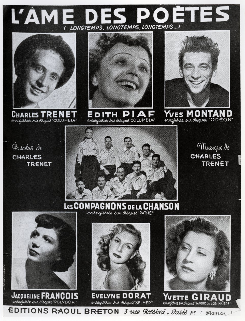 Capa da partitura da música LAme des Poetes com palavras e música de Charles Trenet, publicada em Paris pelas Edições Raoul Breton de French School