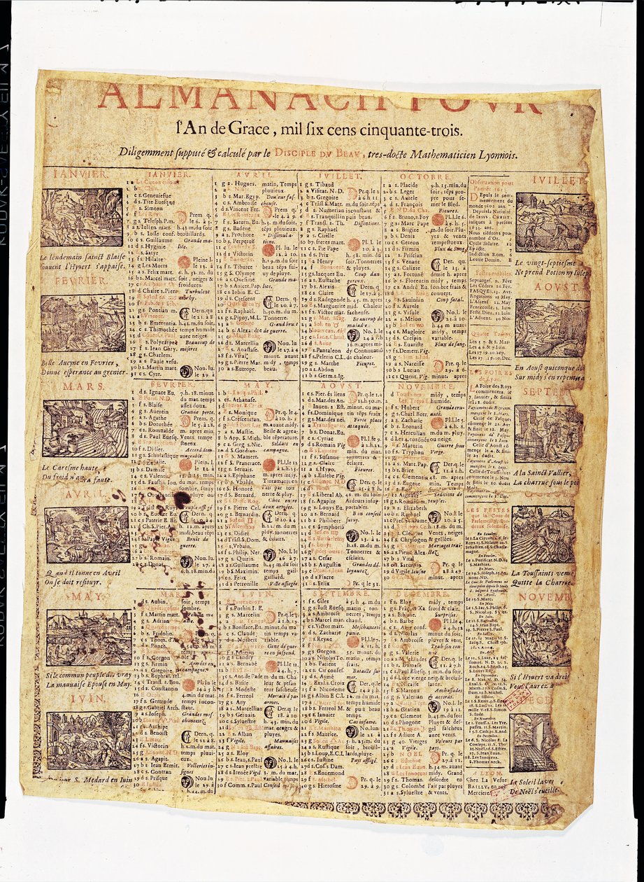 Primeira página de um almanaque para 1653 (tinta no papel) de French School