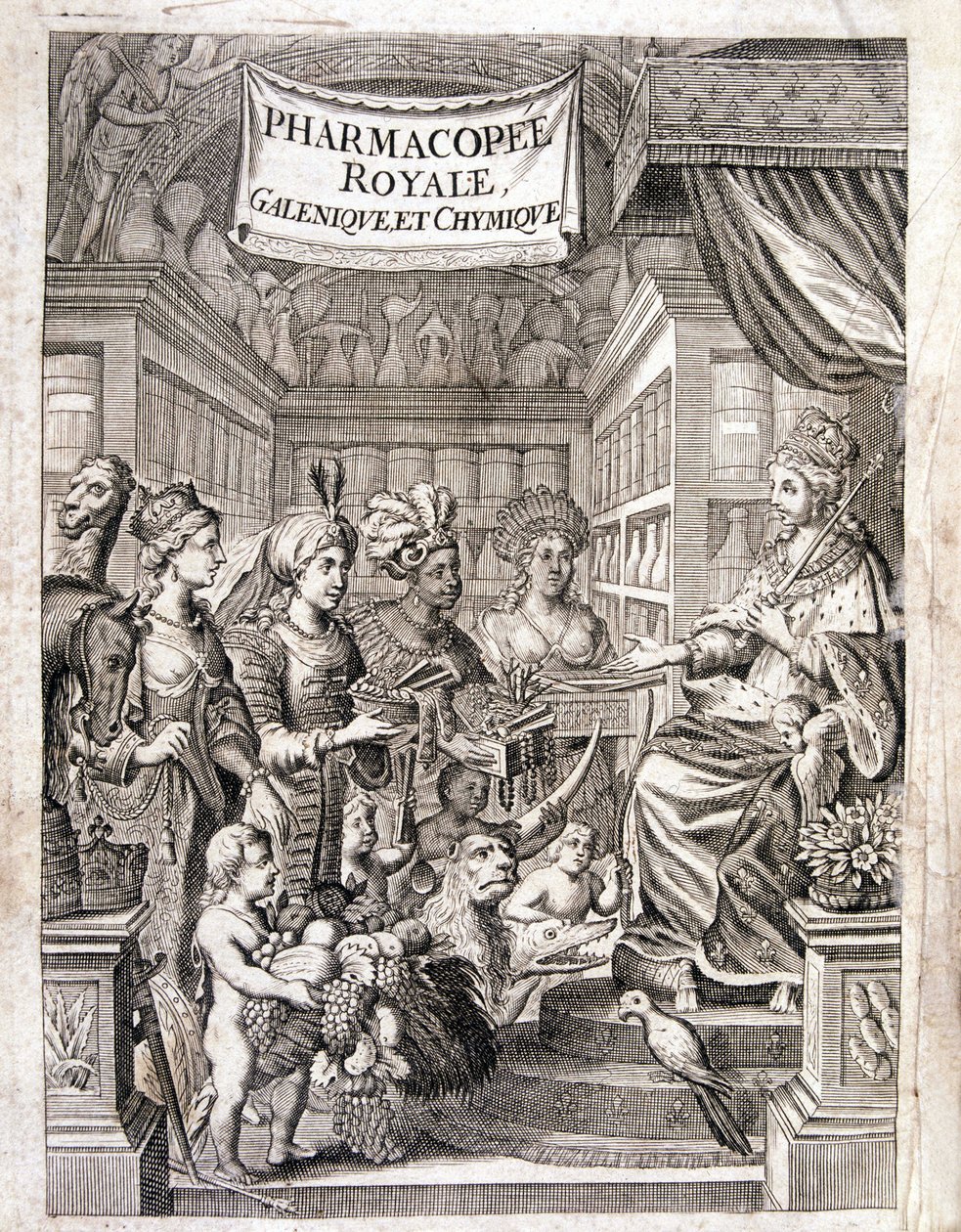 Frontispício da "Pharmacopoeia royal, galenic e chymic" de Morse Charas, Farmácia do Jardim Real das Plantas de Laurent d