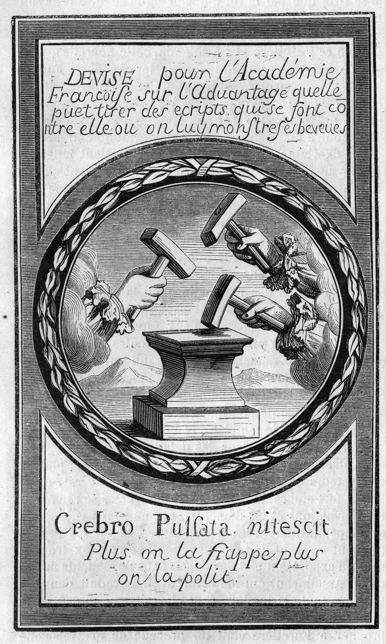 Frontispício dos "Factums" contra a Academia Francesa por Antoine Furetiere (1619-1688). Gravura a partir de 1860. de French School