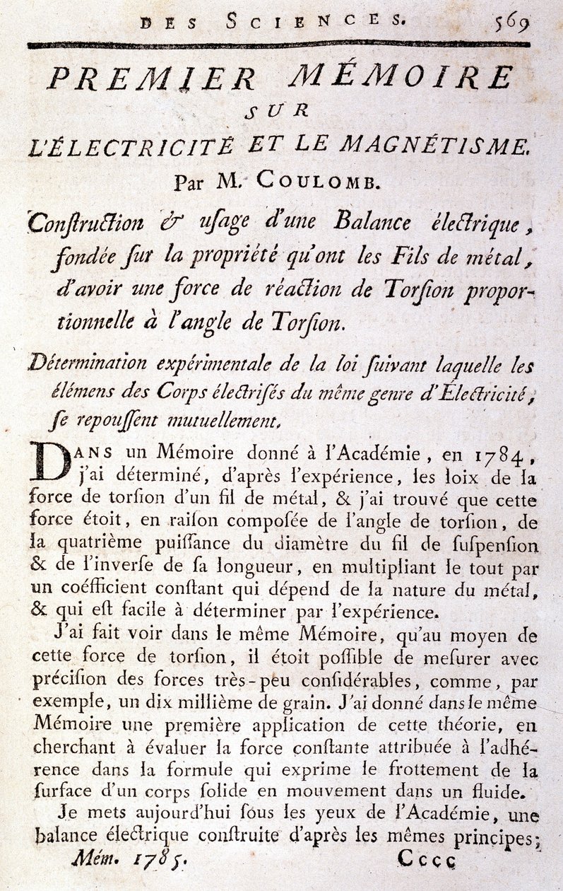 Frontispício do livro "Primeiro livro de memórias sobre electricidade e magnetismo" de Coulomb de French School