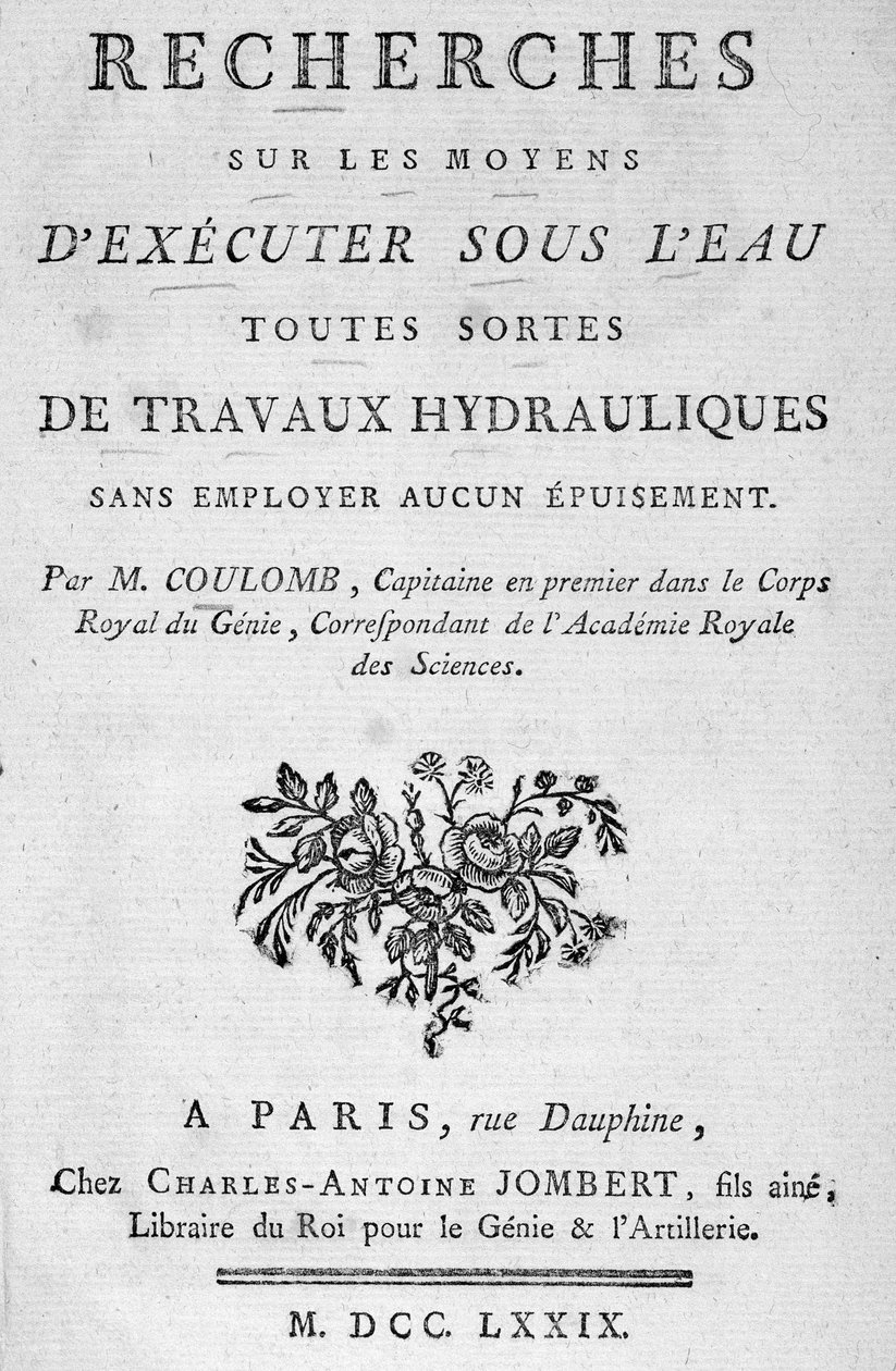 Frontispice do livro "Research on ways to perform under water all types of hydraulic works" da Coulomb de French School