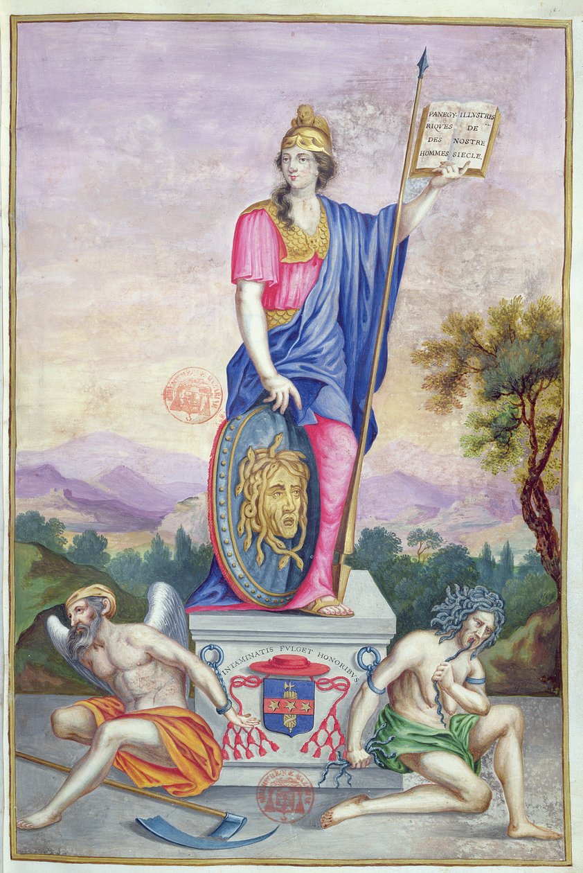 Ilustração alegórica de frontispício da Deusa Minerva de O panegírico dos homens ilustres do nosso século por Puget de la Serre, 1655 de French School