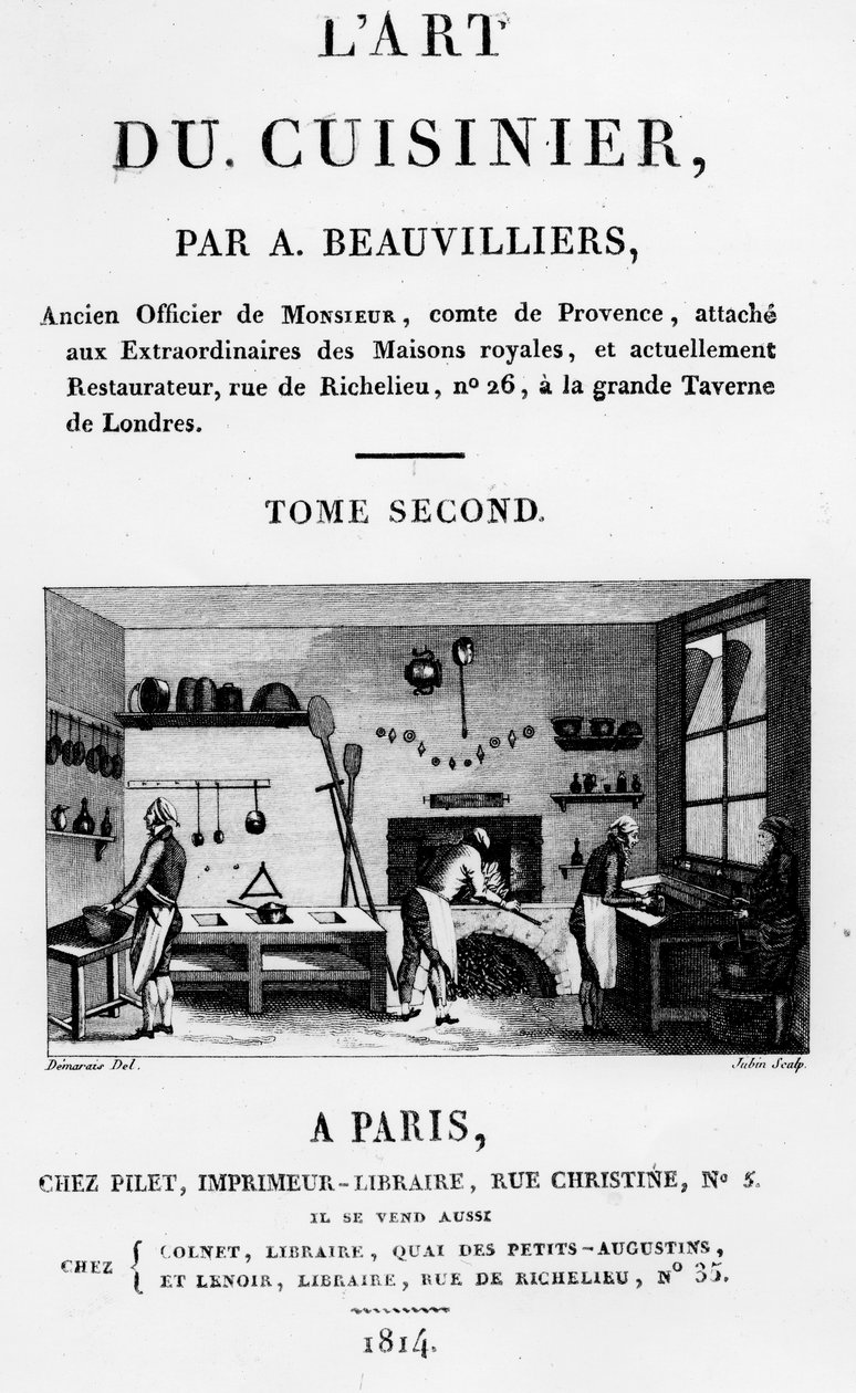 Frontispício de LA Cuis du Cuisinier por Antoine Beauvilliers, gravado por Jubin, publicado em 1814 de French School