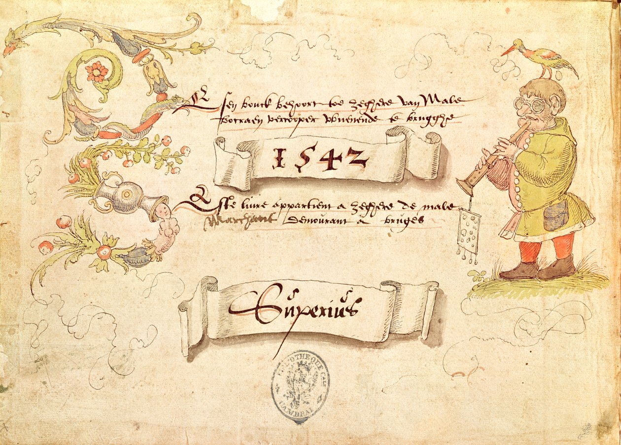 Frontispício de Recueil de Canto Religioso e Profano IX representando um homem de óculos tocando um instrumento de sopro com um pássaro na cabeça, 1542 de French School