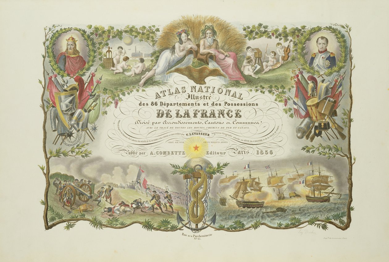 Frontispício do Atlas Nacional Ilustra os 86 Departamentos e Possessões da França, por Victor Levasseur 1856 (gravura colorida à mão) de French School