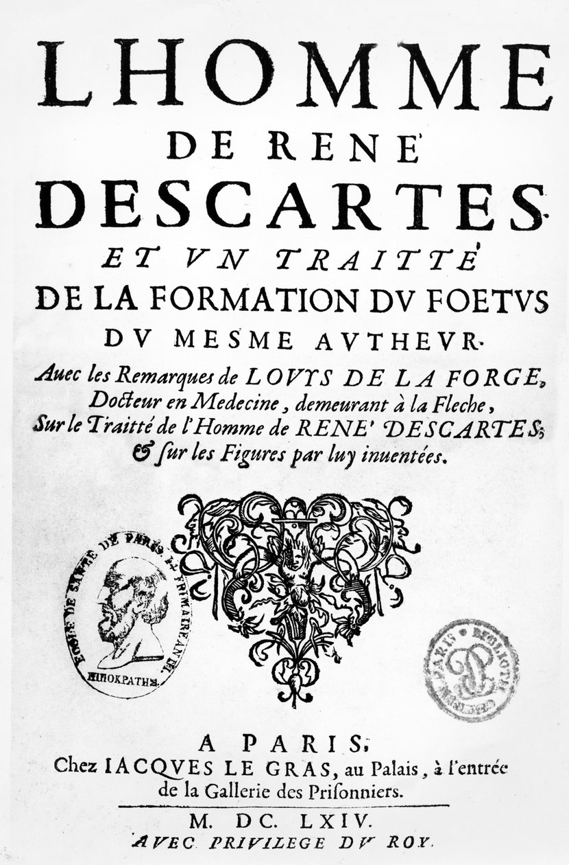 Frontispício do Tratado de Descartes sobre o homem e sobre a formação do feto, publicado em Paris, 1674 de French School
