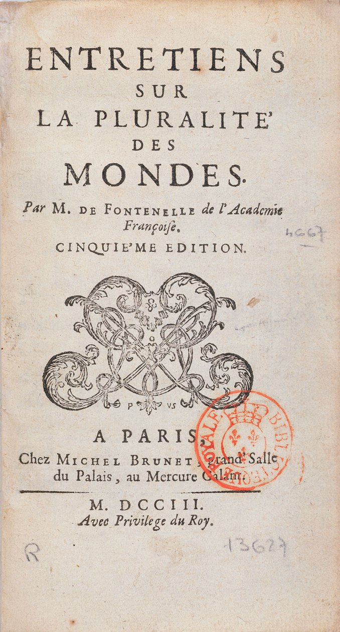 Frontispício das conversações sobre a pluralidade dos mundos, escrito por Bernard Le Bovier de Fontenelle (1657-1757), publicado em 1773 de French School