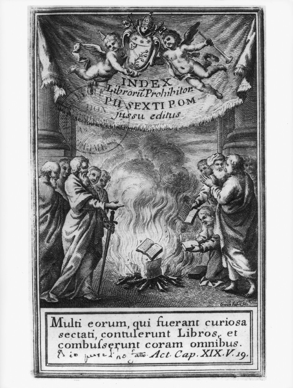 Frontispício de livros índice Prohibitorum representando um auto-de-fé de 1786 de French School