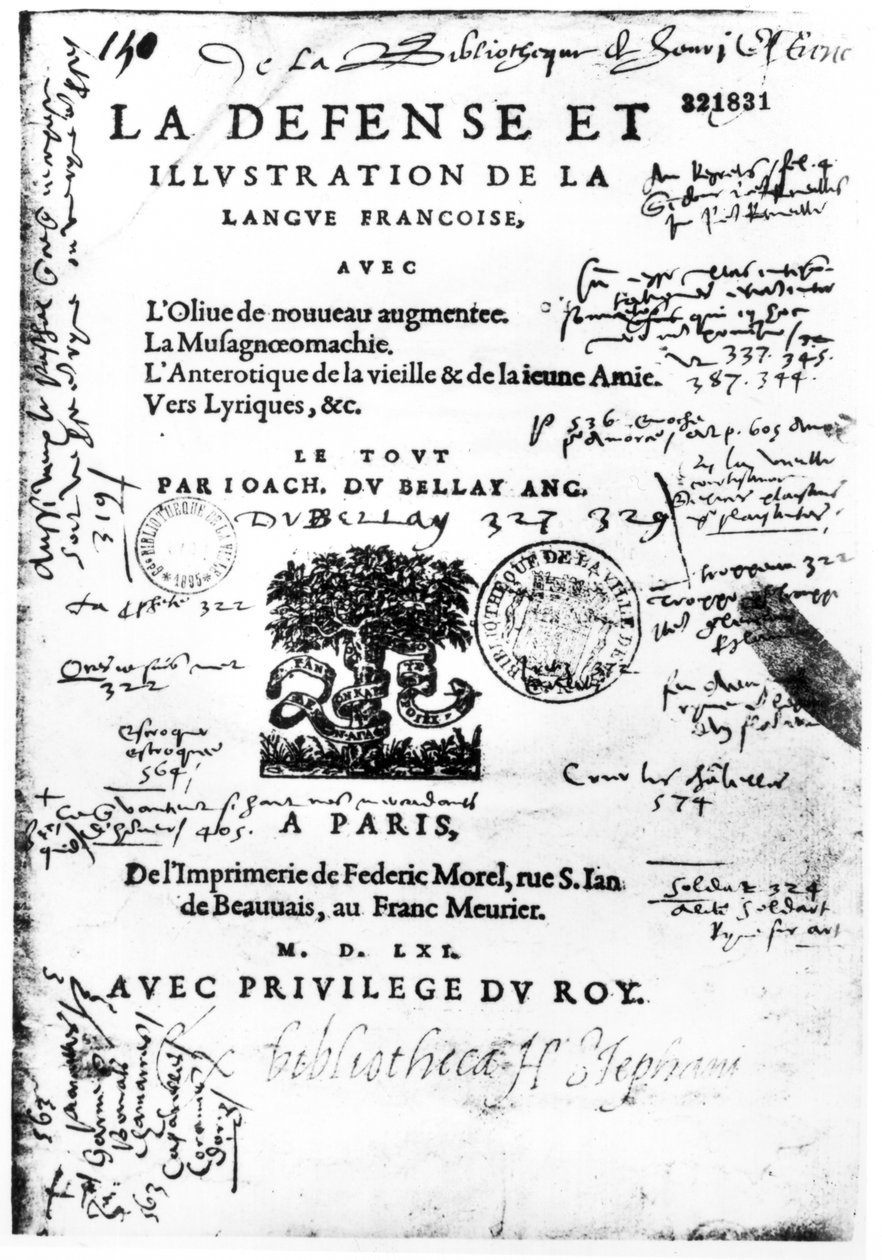 Frontispício de La Defense e Ilustração da Língua Francesa Joachim du Bellay, impresso por Federic Morel em Paris em 1561 (papel impresso com caneta e tinta) de French School