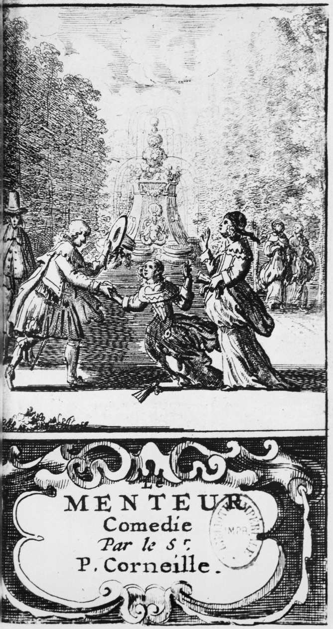 Frontispício do mentiroso por Pierre Corneille (1606-84) publicado em 1664, Amsterdam de French School