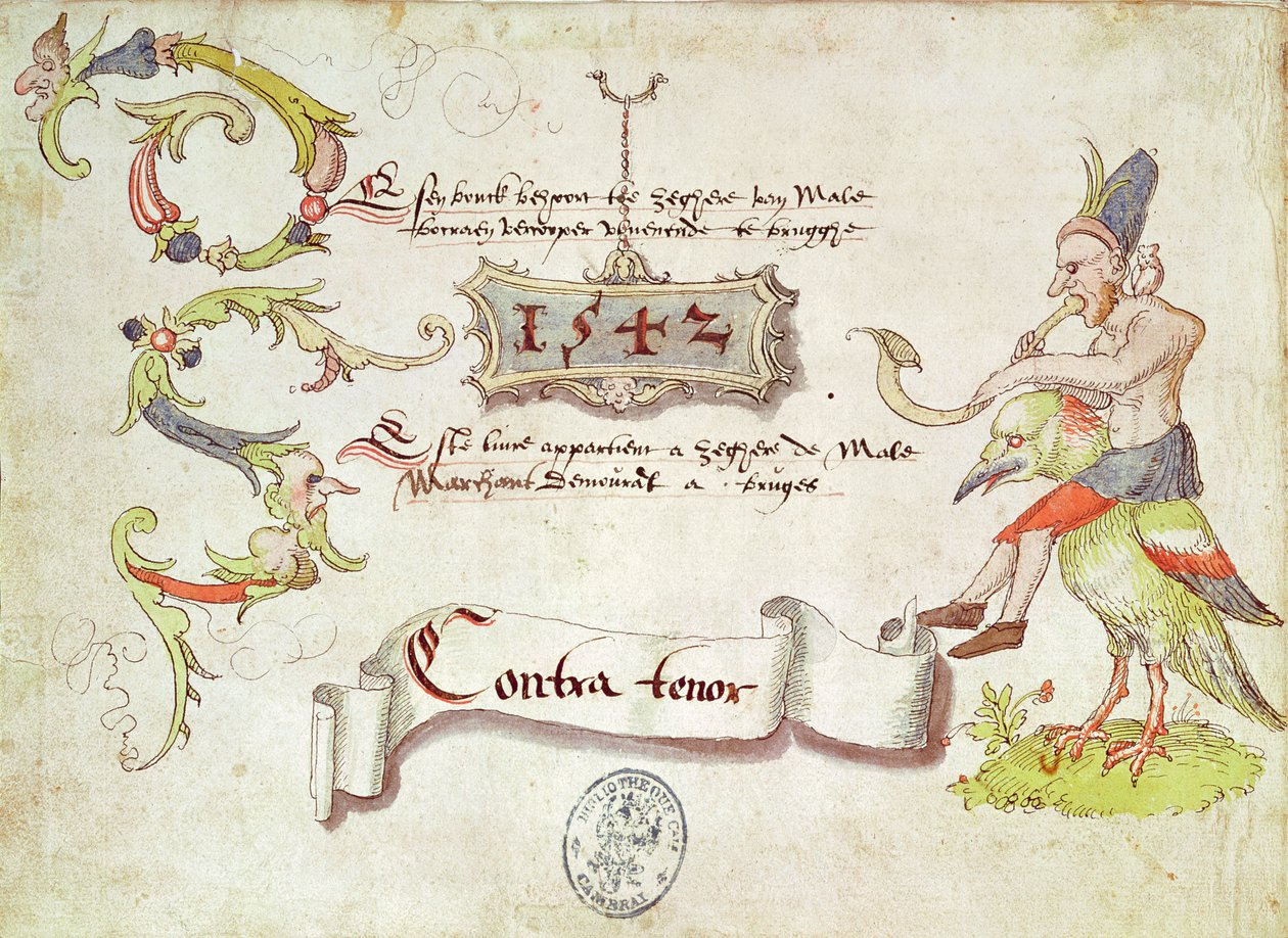 Frontispício de Recueil de cantos religieux et profanes II representando um homem tocando um instrumento de sopro curvo, montando um pássaro, contra-tenor parte, 1542 de French School