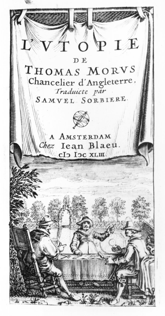 Frontispício da Utopia de Thomas More (1478-1535), Chanceler da Inglaterra, traduzido por Samuel Sorbiere, pub. por Jan Blaeu (d.1673) em Amsterdã, 1643 de French School