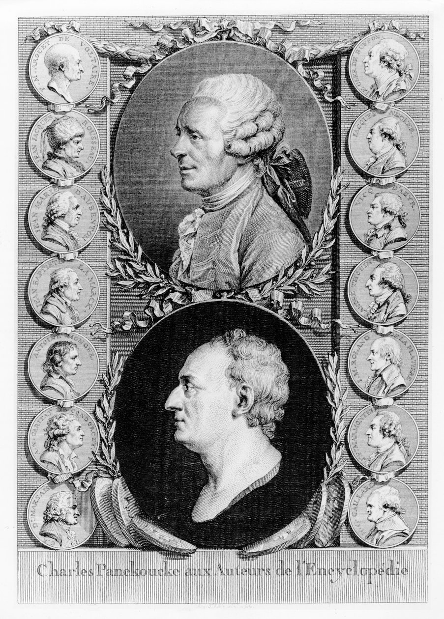 Frontispício de uma edição de Panckocke da LEncyclopédie, mostrando DAlembert e Diderot rodeados de medalhões dos principais autores de LEncyclopédie de French School