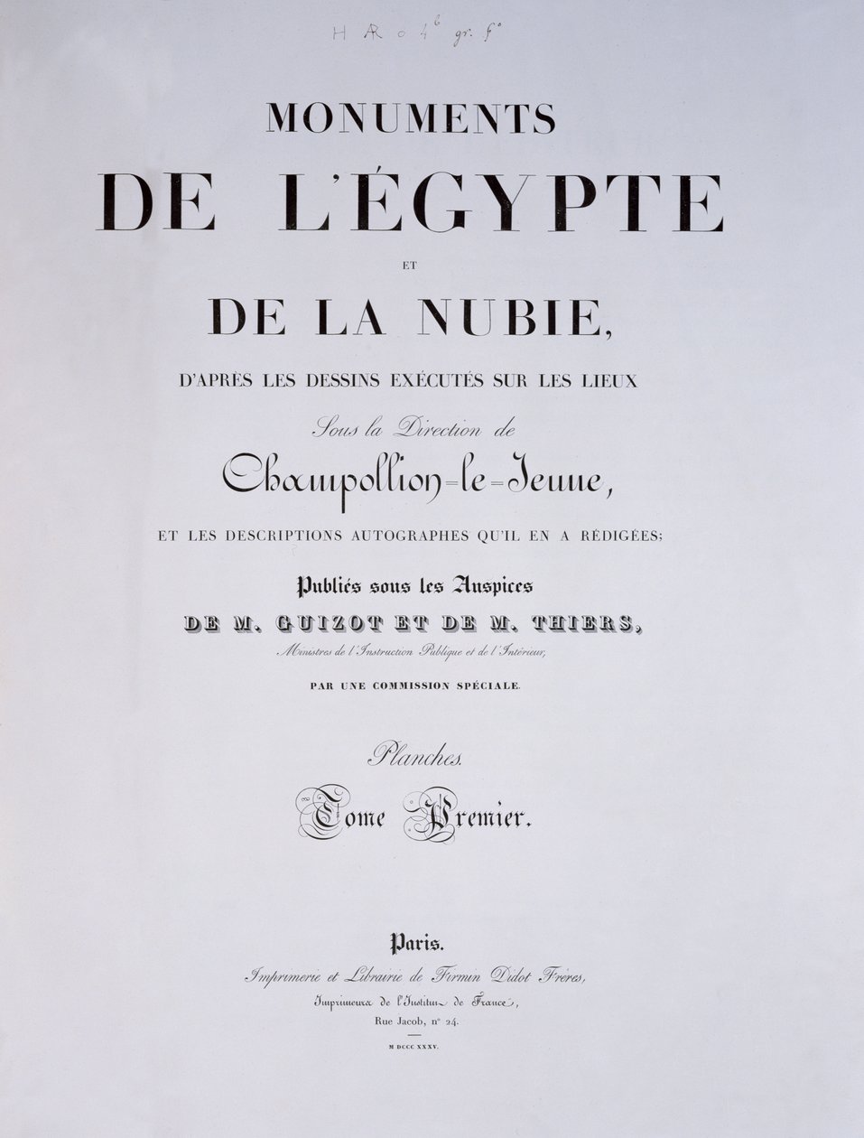 Frontispício do 1º Volume de Monumentos de Ezepte e de Nubie do artista, publicado em Paris por Firmin-Didot, 1835 de French School