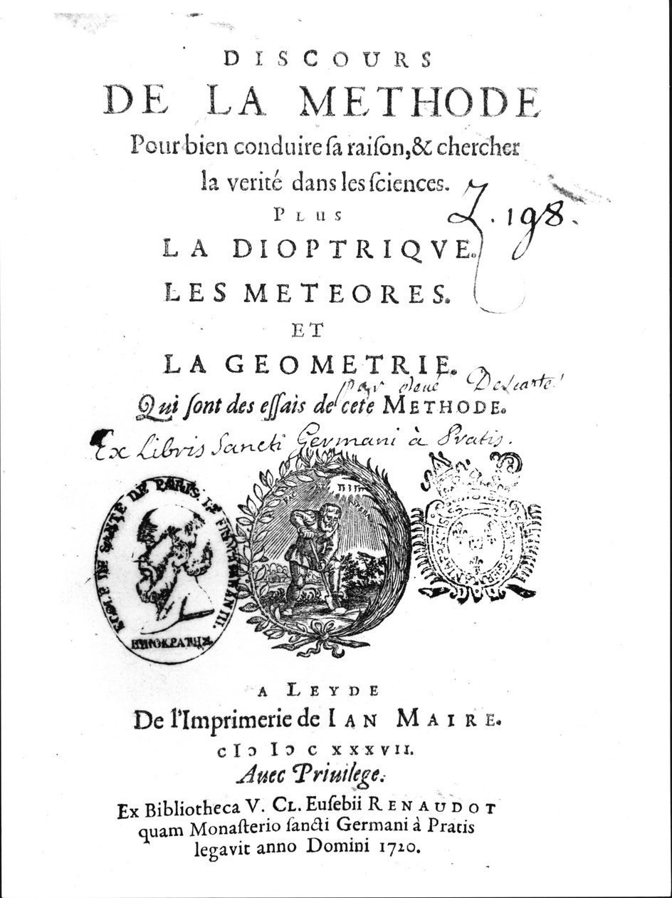 Frontispício do Discours de la Methode seguido por La Dioptrique, Les Meteores e La Geometrie por René Descartes (1596-1650), publicado pela primeira vez em Leiden em 1637 de French School