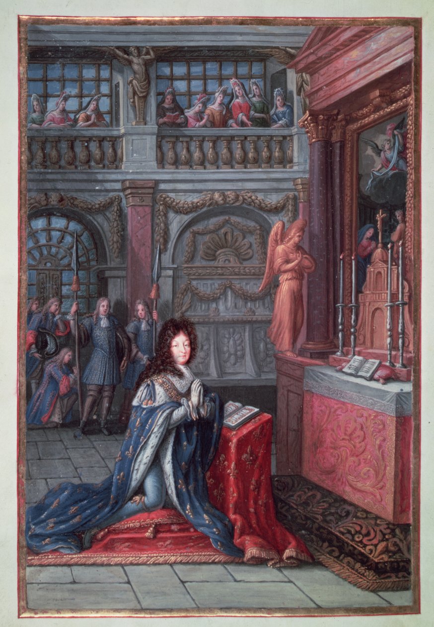 Frontispício das &39;Horas de Luís XIV&39; representando Luís XIV (1638-1715) em oração de French School