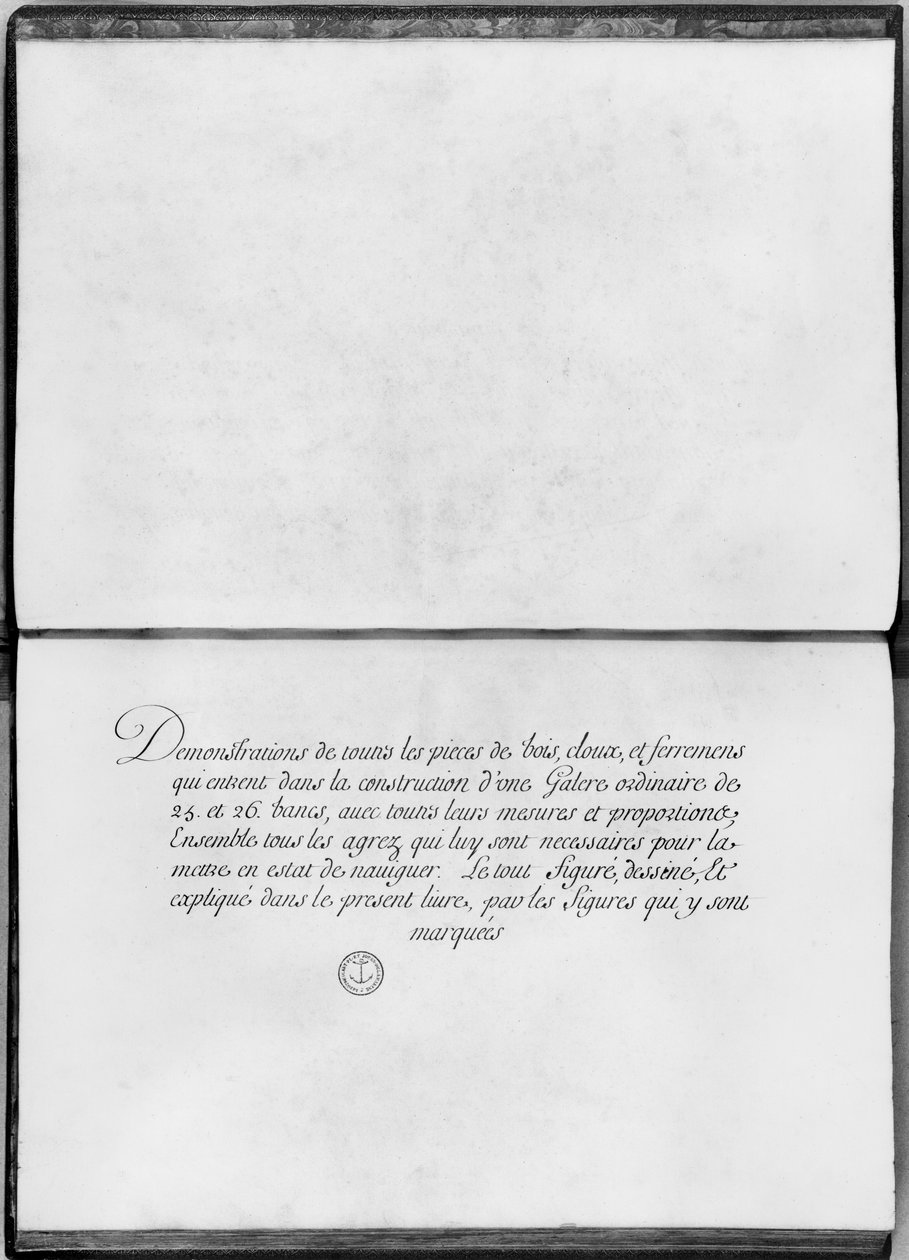 Frontispício para demonstrações de todas as peças de madeira, cravo e ferremens que entram na construção de uma galera ... de French School