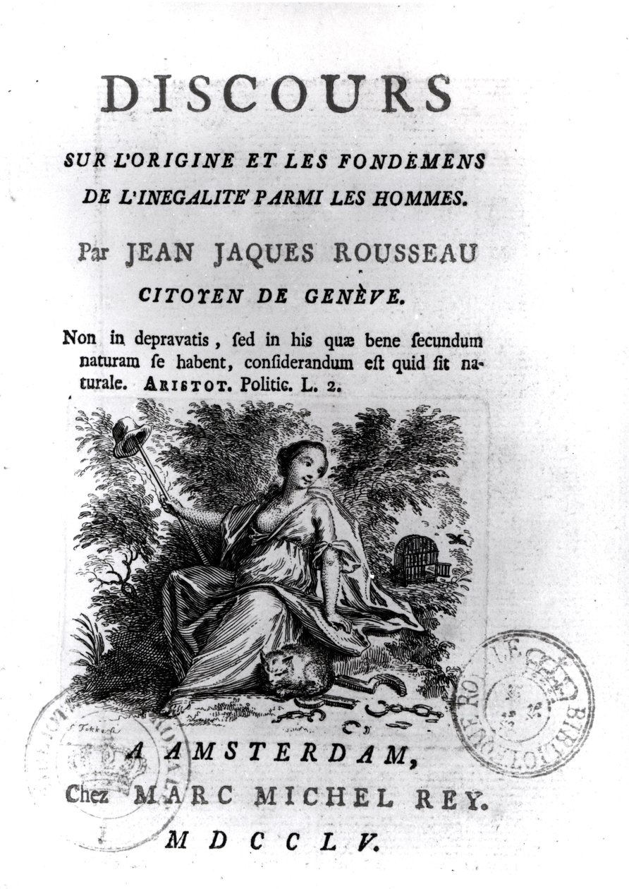 Frontispício para a fala sobre as origens e fundamentos da desigualdade entre os homens por Jean-Jacques Rousseau (1712-1778) c.1755 de French School