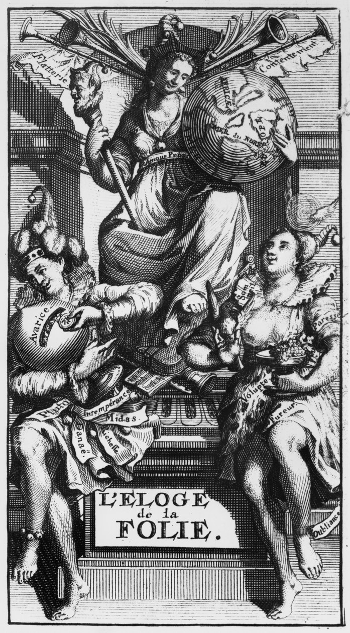 Frontispício para Em louvor da loucura por Desiderius Erasmus de French School