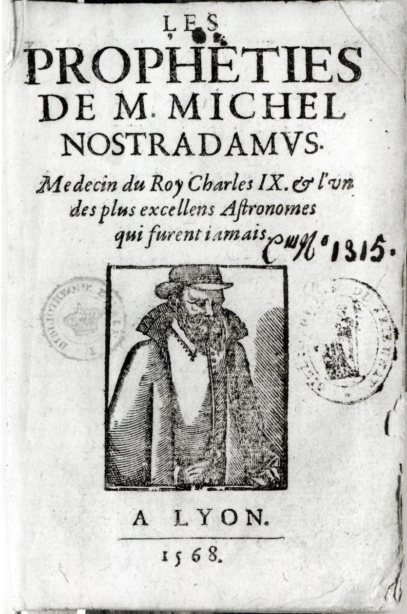 Frontispício de Les Propheties de Michel de Nostradamus (1503-66), com um retrato de Nostradamus, publicado em Lyon 1568 de French School