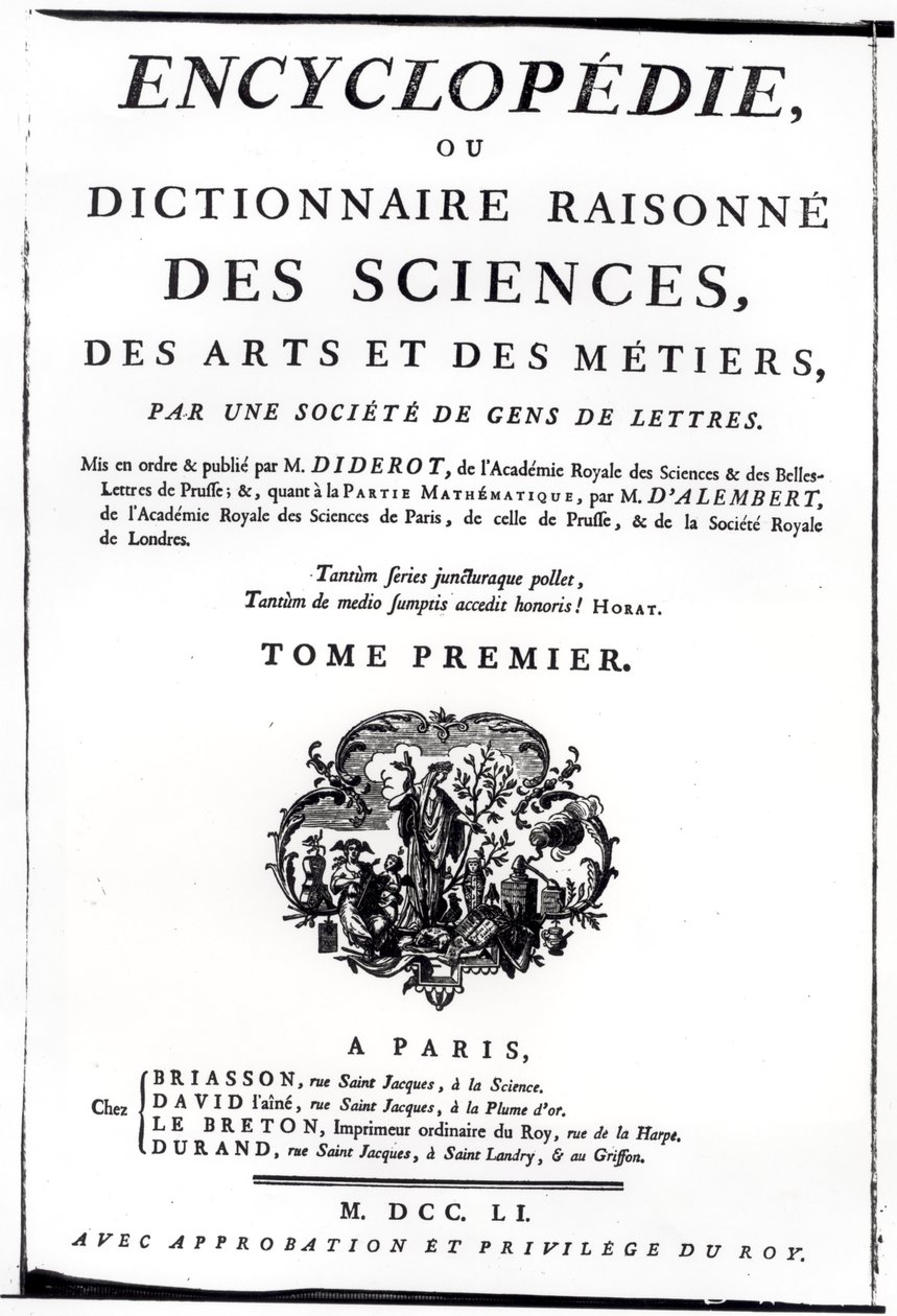 Frontispício da Enciclopédia da Ciência, Arte e Engenharia, de Denis Diderot (1713-84), publicado em Paris, em 1751 de French School