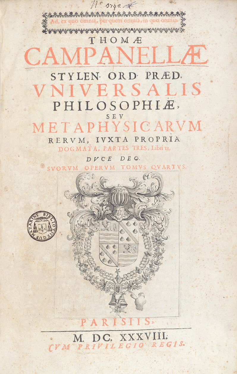 Frontispício à Filosofia Universal por Tommaso Campanella, publicado em Paris, 1638 de French School