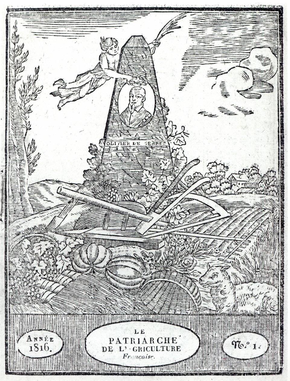 Frontispício para um almanaque agrícola com um retrato de Olivier de Serres (1539-1619) 1816 de French School